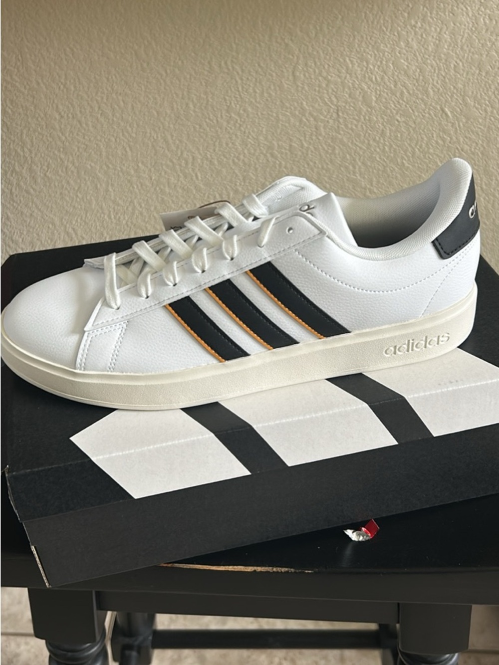 NIB Adidas White Sneakers with Black & Orange Stripe Detail 11.5